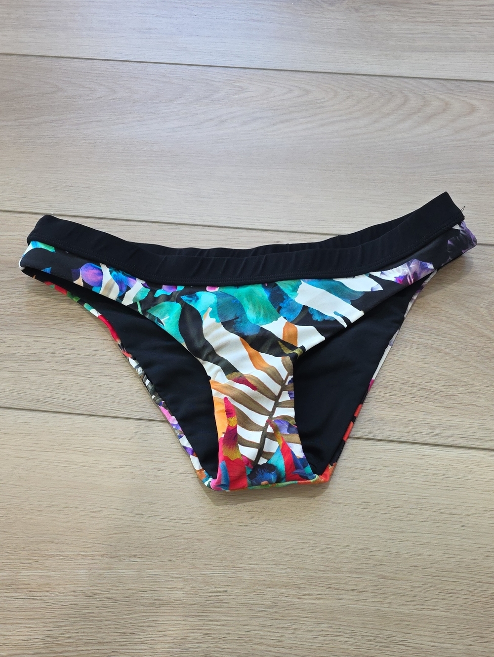 Nicole Miller Black Cheeky Bikini Bottom with Multicolor Tropical Print